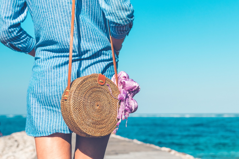 striped, crossbody, day, real people, stylish, woven, sea, design, near, summer, handmade, purse, girl, white, accessory, focus on foreground, land, brown
