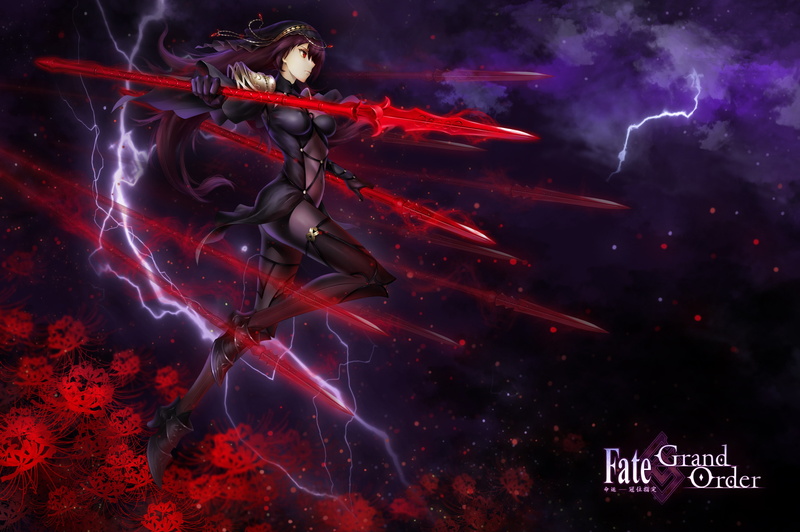 headdress, long hair, anime girls, 4K, spear, power armor, gloves, anime, tight clothing, Fate Series, red eyes, armor, weapon, violet hair, FateGrand Order