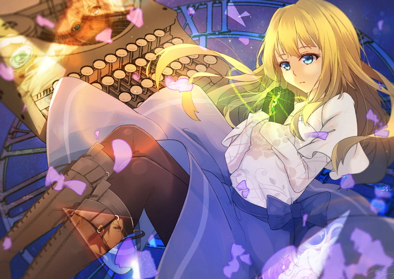 1080P, Violet Evergarden, Blonde, bow (Clothing), Typewriter, Long Hair, Blue Eyes, Violet Evergarden (Character), Anime, Violet Evergarden (Anime)