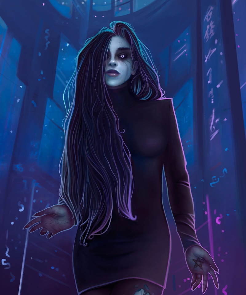 digital painting, violet eyes, digital art, vampires, women, long hair, dark hair, Black clothes, ArtStation, Mhir ART, black hair, long nails, 4K, portrait display