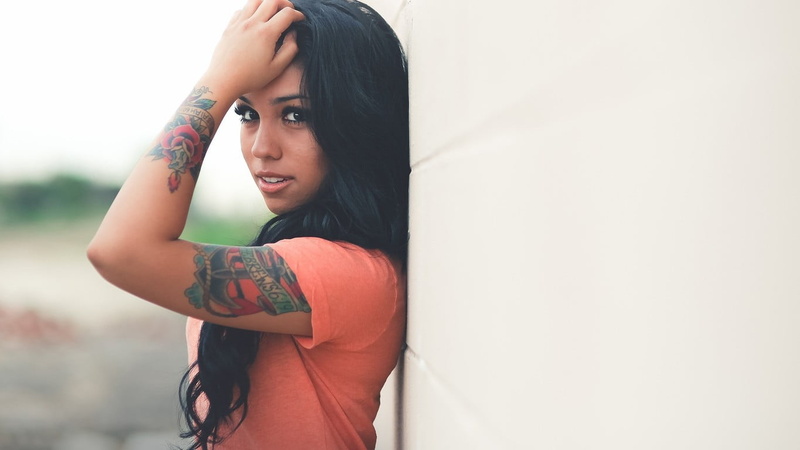 young women, portrait, contemplation, casual clothing, black hair, adult, 720P, copy space, women, hand, tattoo, long hair, standing, hair, dark eyes