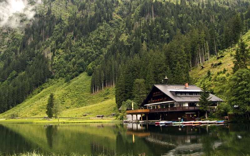 lake, architecture, tranquility, outdoors, scenics - nature, reflection, cottage, pc hd nature image 1920x1200, tree, plant, nature, tranquil scene, water