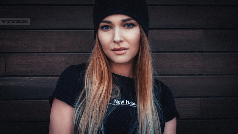 t-shirt, 1080P, Kaja, beautiful, in black, hat, makeup, girl, portrait, hairstyle, Vitek Petras