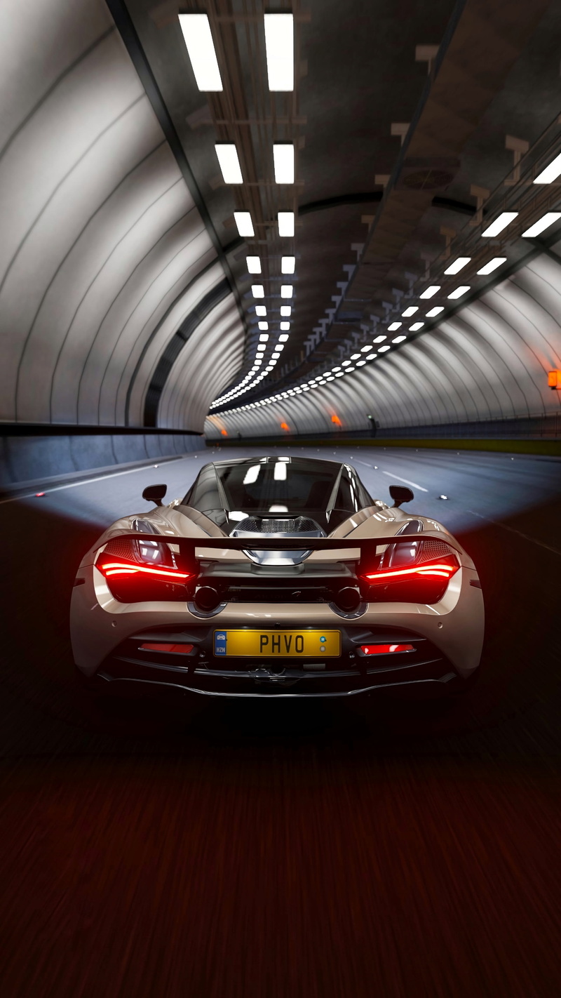 tunnel, built structure, car, mode of transportation, driving, mclaren, night, mclaren 720s, transportation, indoors, illuminated, sign, red, land vehicle