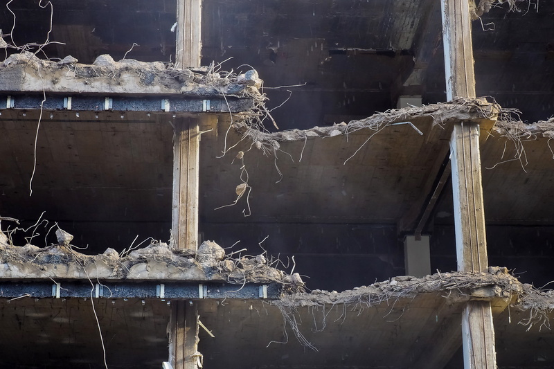 house demolition, metal, building exterior, damaged, abandoned, bad condition, old building, old, construction, debris, dust, outdoors, tear off, house