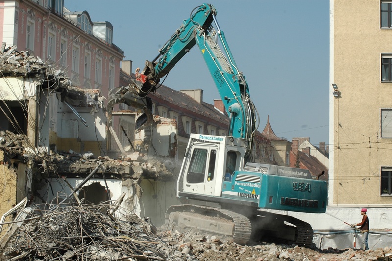 disassembly, skyscraper, old, building rubble, broken, gutting, new beginning, crash, outdoors, clear sky, decay, sunlight, water, roof tear-off, wrecking ball