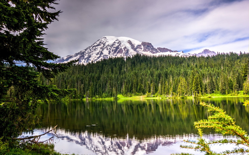 tree, cold temperature, tranquility, winter, mountain, scenics - nature, snowcapped mountain, idyllic, nature screen backgrounds 1920x1200, reflection
