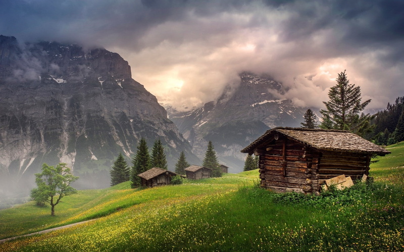 land, architecture, fog, nature, no people, outdoors, 1080P, hut, beauty in nature, sky, mountain, nature screen backgrounds 1920x1200, tranquil scene