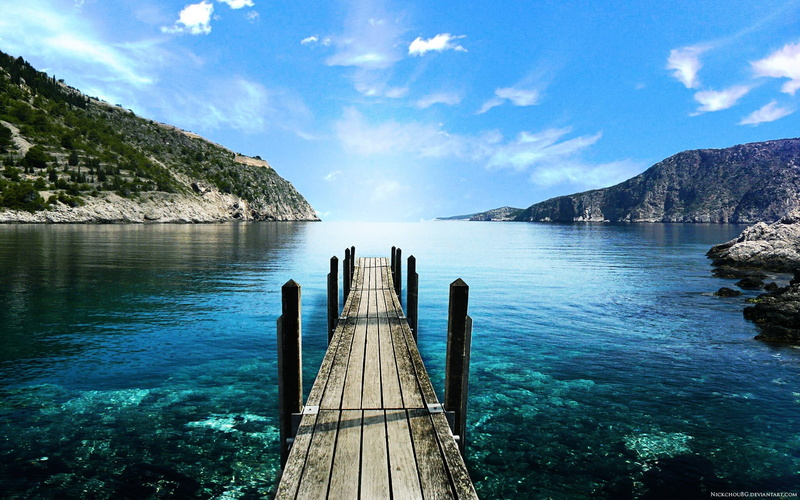 no people, walking, wooden post, non-urban scene, wooden, blue, sea, sky, tranquility, brown, long, cloud - sky, scenics - nature, day, dock, mountain