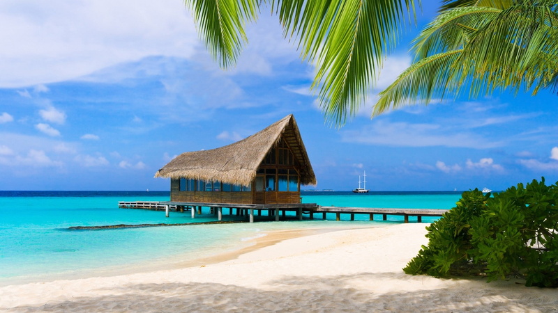 nature, turquoise colored, architecture, palm leaf, thatched roof, sea, sky, land, luxury, water, tranquility, beauty in nature, tropical climate, built structure