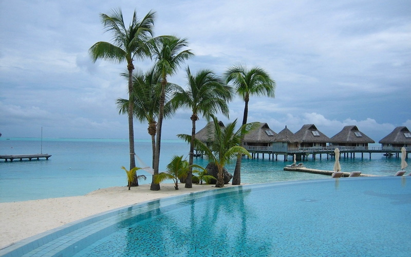 scenics - nature, sky, 1080P, palm tree, tropical climate, thatched roof, luxury, water, land, no people, tree, swimming pool, tranquility, nature, cloud - sky