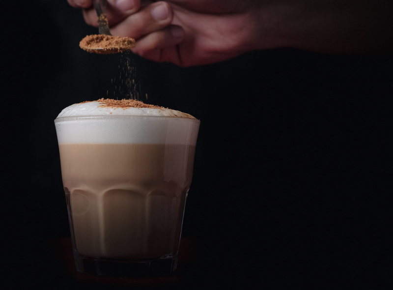 hand, top, one person, indonesia, drink, bandung, drinking, human body part, studio shot, brown, espresso, milk, latte, glass, refreshment, close-up, sprinkle