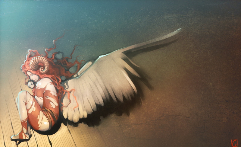 fantasy, sticker, sleeping, woman, art, fantasy art, horn, wings, angel, 2K