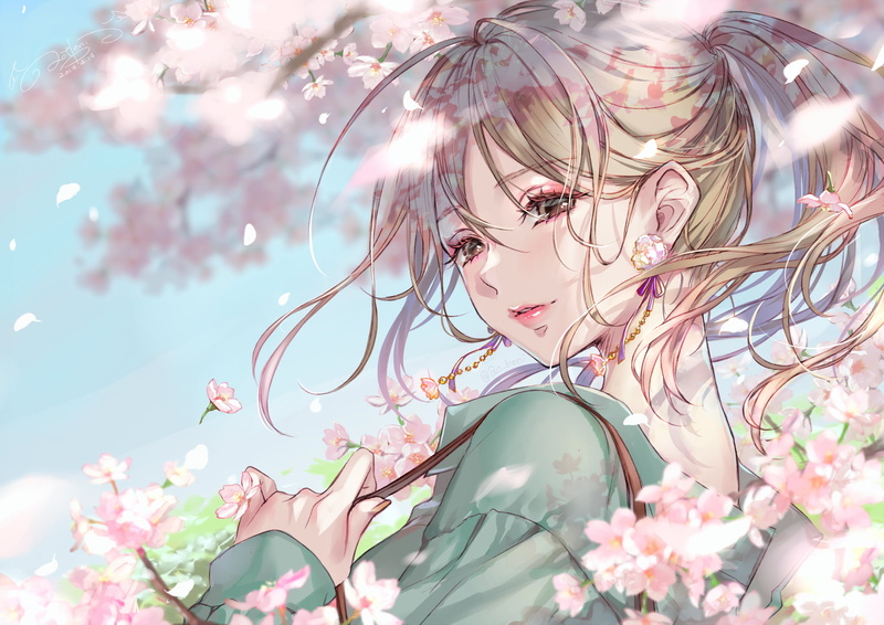 2019 (Year), bokeh, spring, blonde, 2D, looking at viewer, artwork, ponytail, cherry blossom, pink lipstick, drawing, anime girls, 1080P, outdoors, original characters