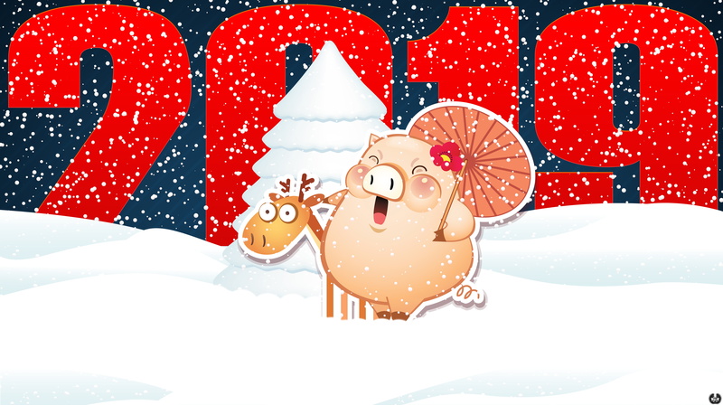 Tree, Snowflakes, Snow, Pig, New Year, Deer, 2019, Background, The snow, Art, Holiday, 8K, Umbrella, Mood, Minimalism, The Year Of The Pig, Christmas
