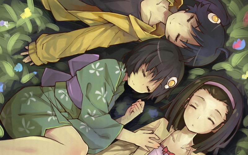 Monogatari Series, Araragi Tsukihi, kimono, anime girls, Sengoku Nadeko, sleeping, grass, 1080P, Araragi Karen