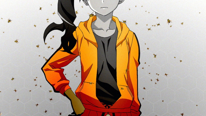 pattern, orange color, art and craft, clothing, standing, 1080P, one person, Monogatari Series, front view, human representation, black, wall - building feature