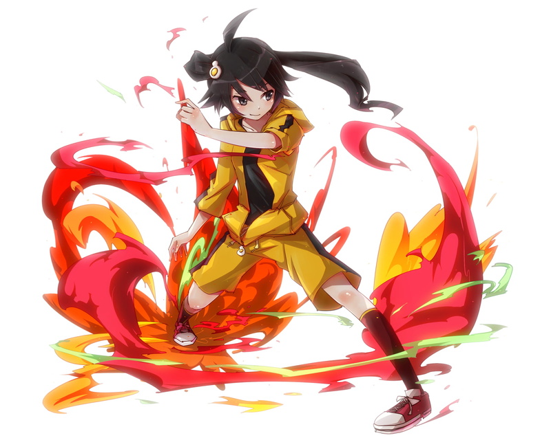 hairstyle, Araragi Karen, red, anime, casual clothing, art and craft, one person, Monogatari Series, costume, mask, adult, young women, full length, smiling