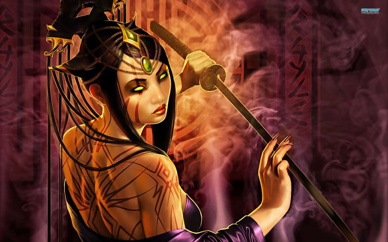 swords, looking, tattoos, x, hd, kitana, women, 1080P, art, fantasy, back