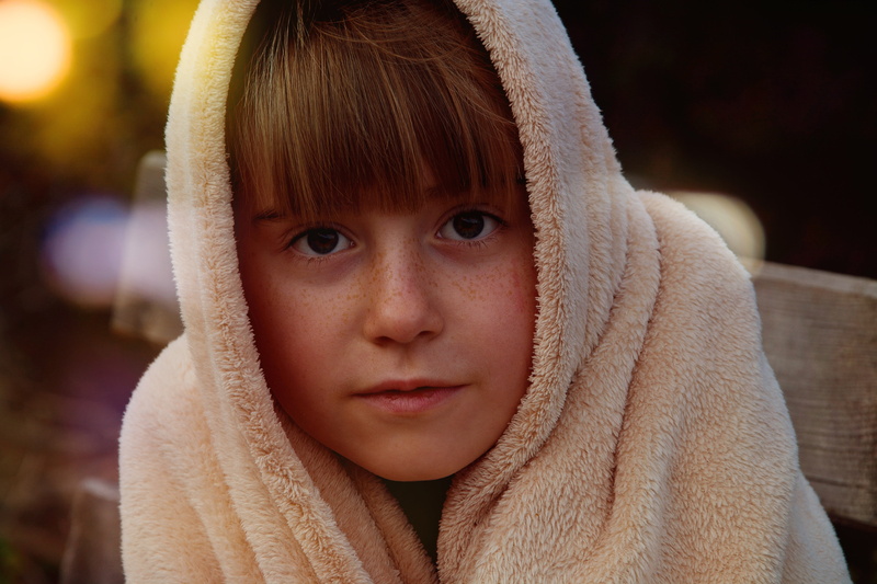 teenager, headshot, girl, offspring, hood - clothing, night, wrapped in a blanket, human Face, towel, hood, portrait, blanket, close-up, one Person, males