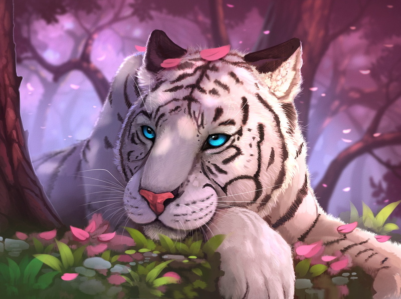 White Tiger, Petal, Big Cat, Tiger, 1080P, Fantasy Animals, predator (Animal), Blue Eyes