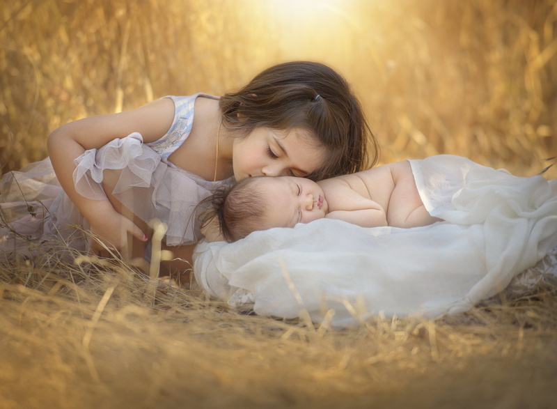 nature, 1080P, children, girl, grass, kiss, baby