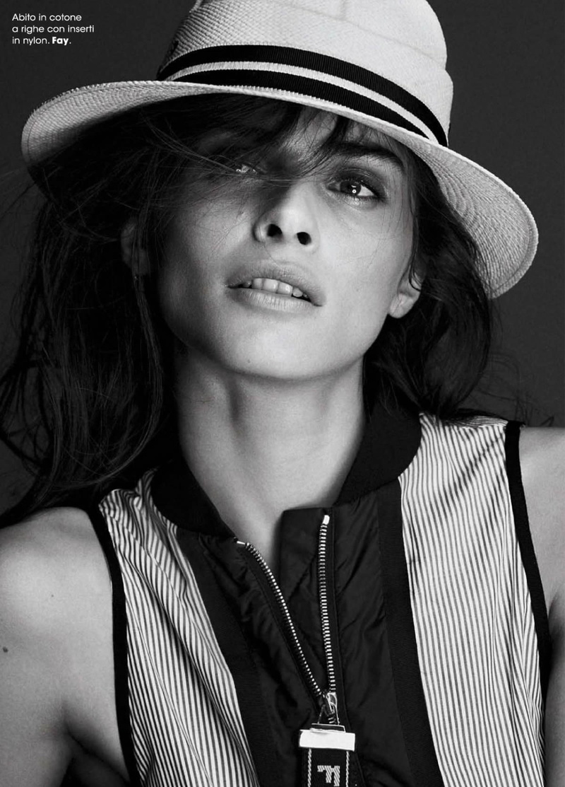 720P, black background, hairstyle, beauty, one person, business, indoors, beautiful woman, striped, clothing, smiling, hat, Elisa Sednaoui, looking at camera