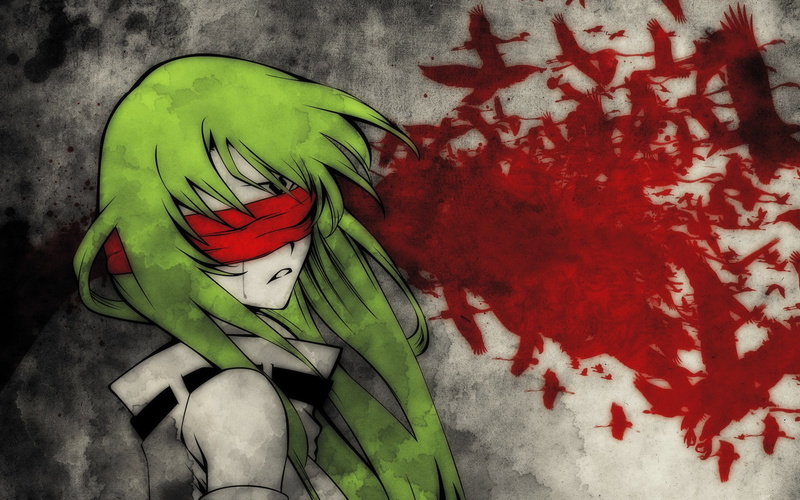 green hair, blindfold, Code Geass, 1080P, C.C., text, anime, birds