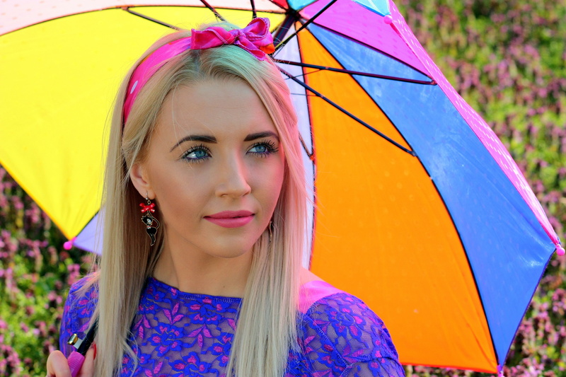 girl, headshot, beauty, blond hair, outdoors, umbrella, smiling, young women, portrait, women, hair, one person, blue eyes, fashion, sideways, lifestyles