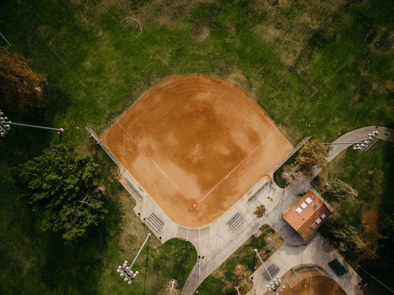 field, high, photography, directly above, transportation, drone, brown, aerial, fly, tree, green, ball game, car, nature, from above, baseball field, empty
