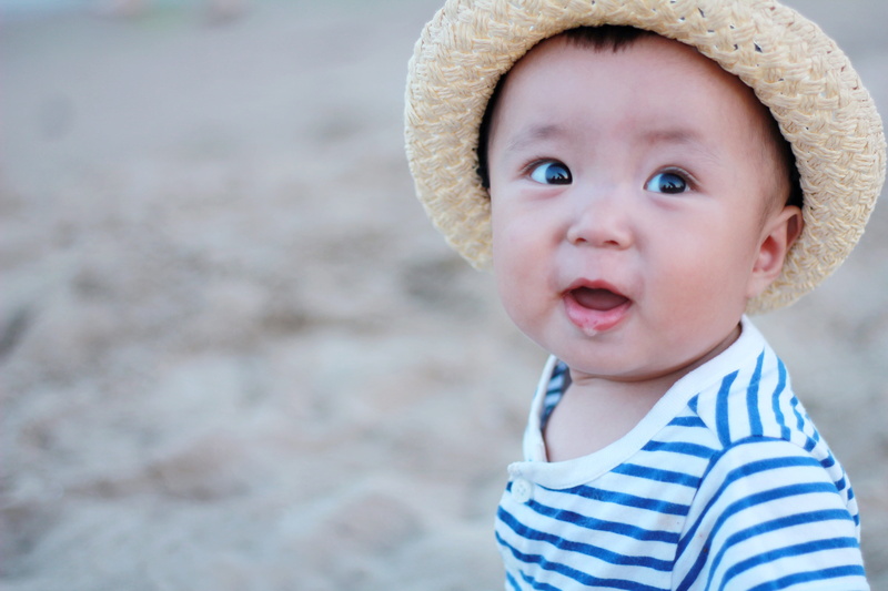 summer, outdoors, child, boys, hotel, sun hat, smiling, portrait, young, fun, childlike, baby, caucasian Ethnicity, cheerful, one Person, beach, cute, striped