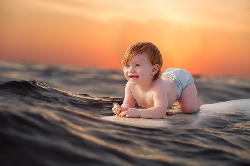 surfer, offspring, smiling, beach, land, surfing, sea, water, cheerful, innocence, sunset, waves, emotion, 5K, baby, outdoors, surf, looking at camera