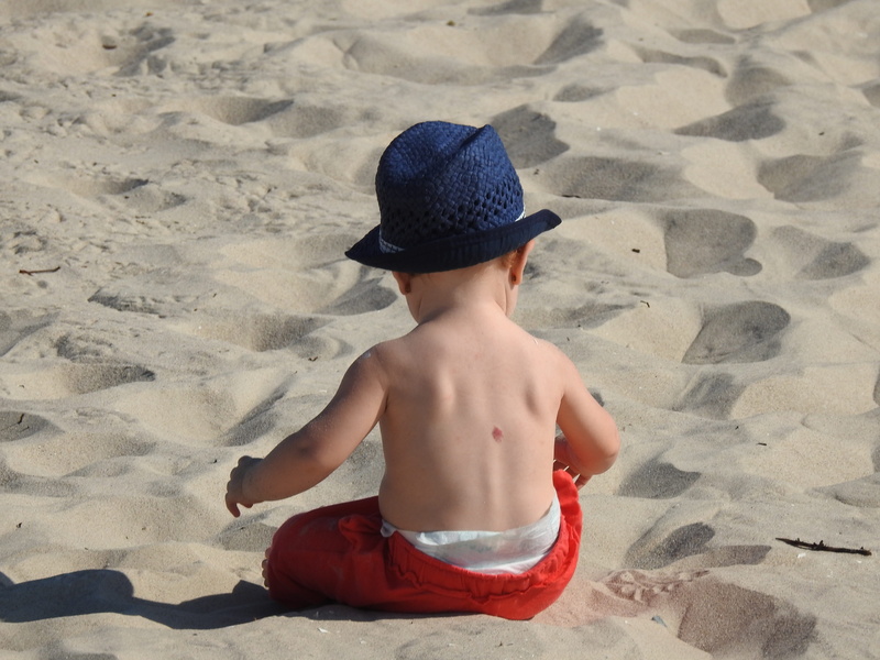 shirtless, baby, boys, young, sweet, beach, sand, outdoors, boy, males, day, holidays, one person, sun hat, nature, a small child, sunlight, 4K, childhood