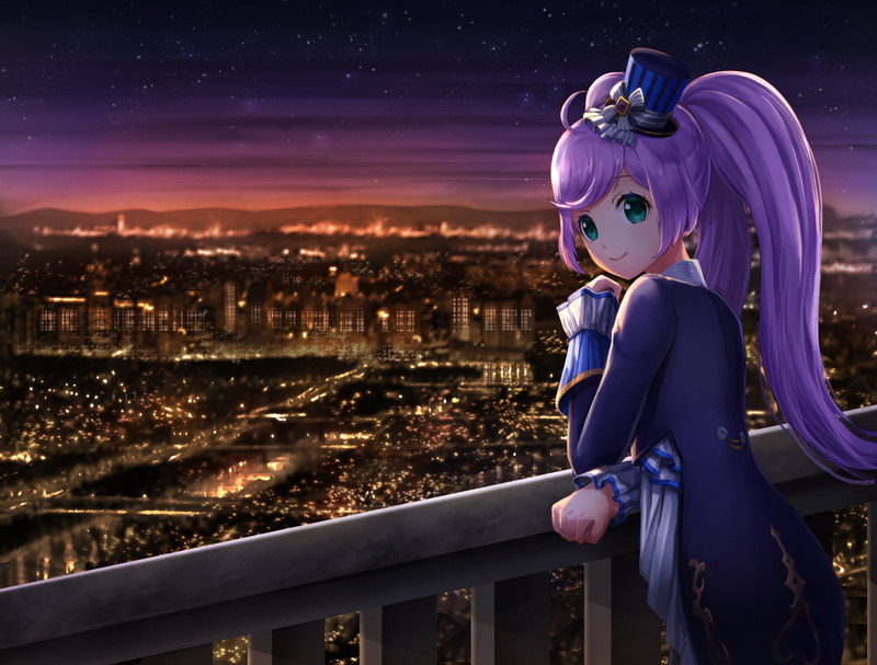 konachan, com, hat, manaka, purple, green, city, scenic, suit, building, lala, eyes, night, pripara, lunacle, stars, 260019, long, twintails, 1080P, hair