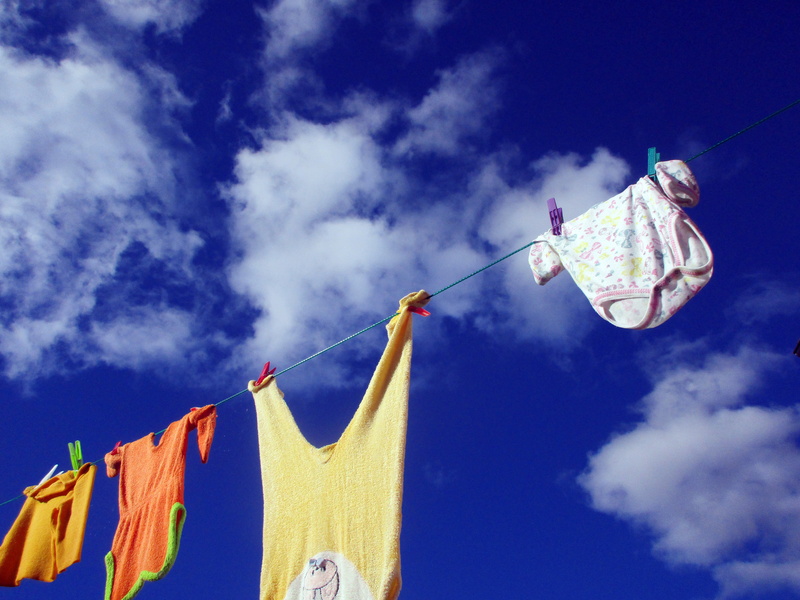 nature, clothespin, built structure, clothes line, blue, young, clothing, sky, color, sunlight, wash clothes, 5K, rattle stork, hanging, birth, low angle view