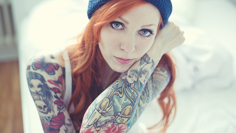 blue eyes, tattoo, redhead, Evilla D Ark, woolly hat, 1080P, face, women