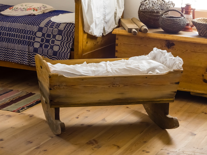 Wood, no people, empty, wooden, bassinet, textile, domestic room, bed, hardwood floor, Cradle, beside, chair, day, rocking, close-up, brown, still life