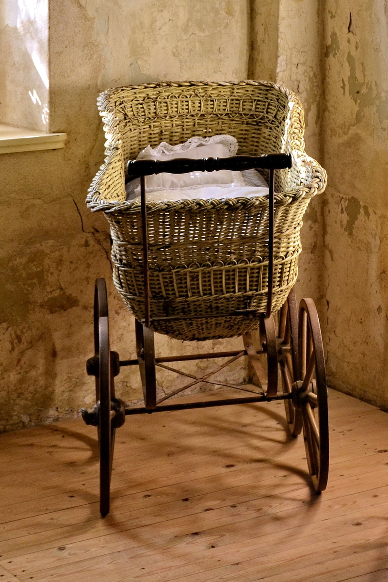 still life, historically, antique, absence, day, baby carriage, basket, container, wheel, wood, hardwood floor, chair, built structure, old, flooring, seat