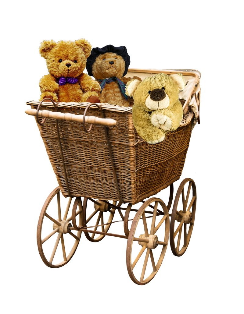 bear, bassinet, wicker, 5K, cute, brown, representation, no people, studio shot, teddy bear, woven, toy, baby carriage, stuffed animal, basket, still life