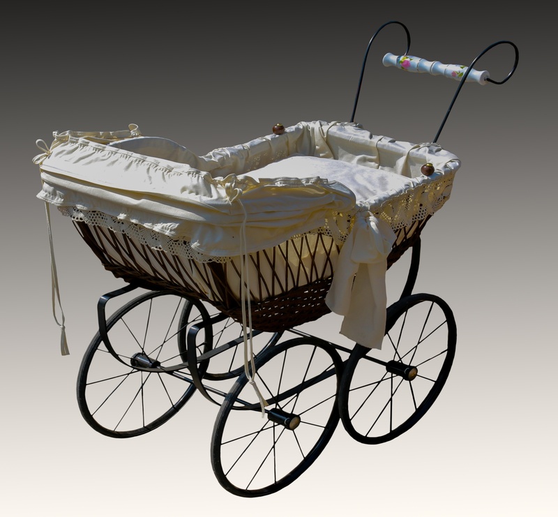 baby carriage, land vehicle, steel, old, metal, nostalgia, indoors, still life, absence, wheel, toy, cut out, frame, nostalgic, 4K, white, black, table