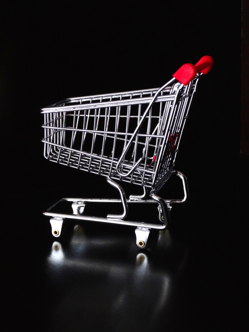 buying, basket, red, shopping cart, retail, technology, shopping basket, black background, studio shot, silver colored, bassinet, consumerism, equipment
