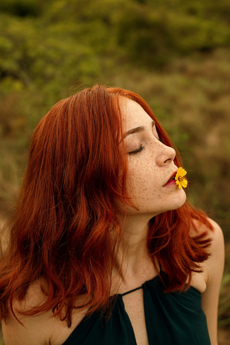 women, photoshoot, yellow flower, haired, day, yellow, pretty, close-up, redhead, freckled, looking, beautiful woman, adult, portrait, long hair, headshot