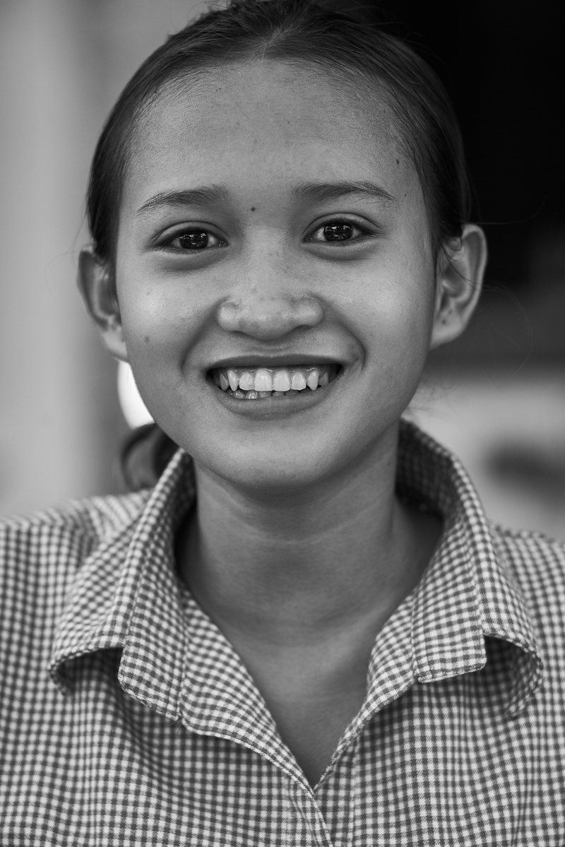 adult, black and white, expression, travel, headshot, toothy smile, stand alone, focus on foreground, child, human, 8K, asian, innocent, the innocence