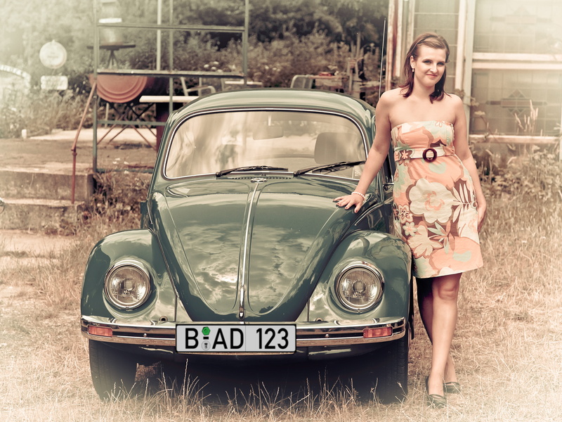young adult, volkswagen, beetle, old, vw, woman, outdoors, beautiful woman, dare, young women, standing, historically, driver, looking at camera, transportation
