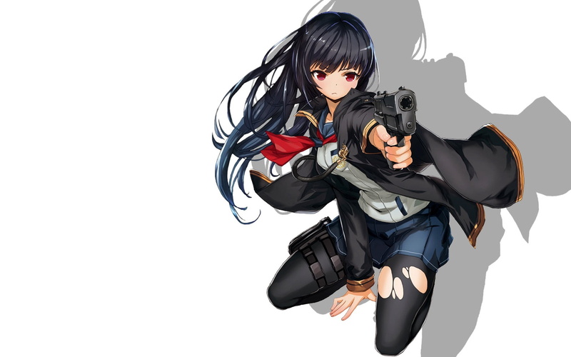 black, illustration, standing, adult, woman, 1080P, haired, people, females, young women, women, isolated, backgrounds, gun, three quarter length, girl
