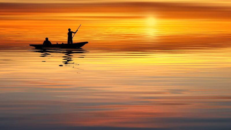 evening, silhouette, rest, outdoors, sky, mystical, ocean, beauty in nature, lake, tranquil scene, background, orange color, sunset, 2K, summer, mode of transportation