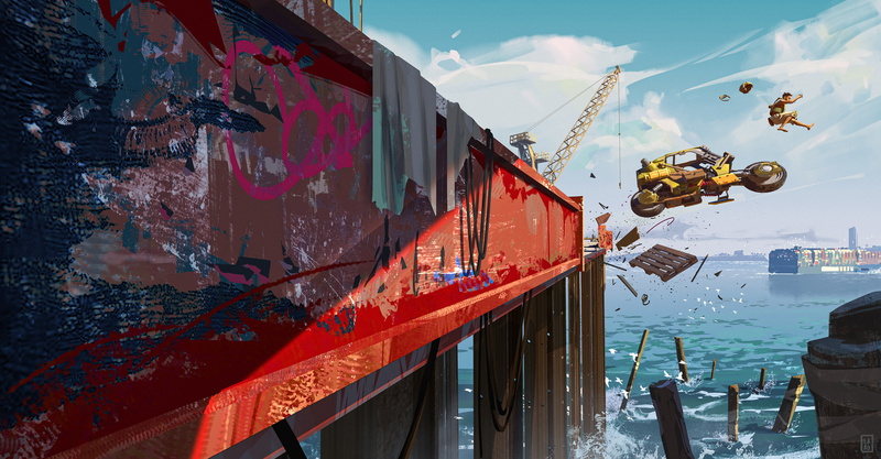 digital art, ArtStation, concept art, motorcycle, Ed Laag, cranes (machine), artwork, 4K, dock, 2K