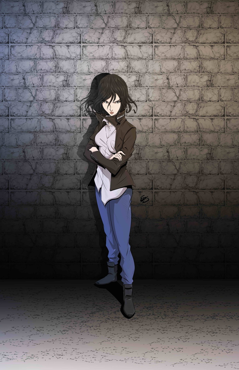 fan art, looking into the distance, digital painting, dark hair, Marvel Girl, digital art, brown jacket, artwork, jeans, wall, alone, ArtStation, Ed Jimenez