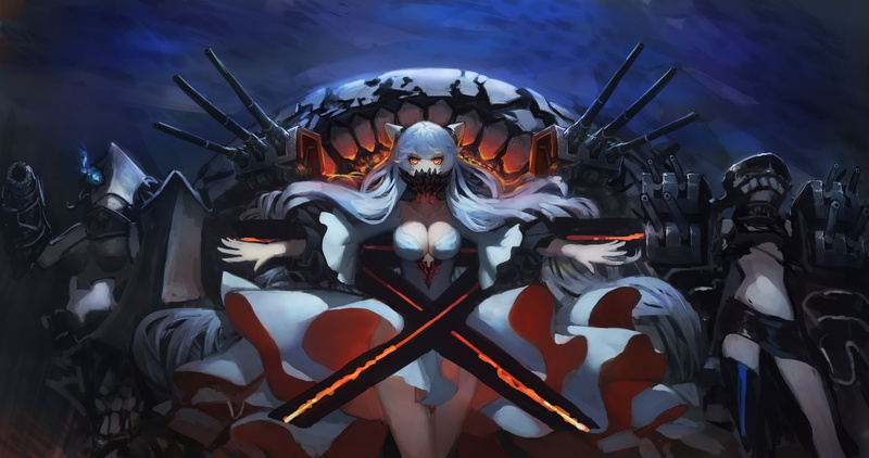 Thigh highs, anime, horns, White Hair, 5K, Kantai Collection, cleavage, Anime Girls, Chi Class Torpedo Cruiser, Midway Hime, No Bra, dress, Tsu Class Light