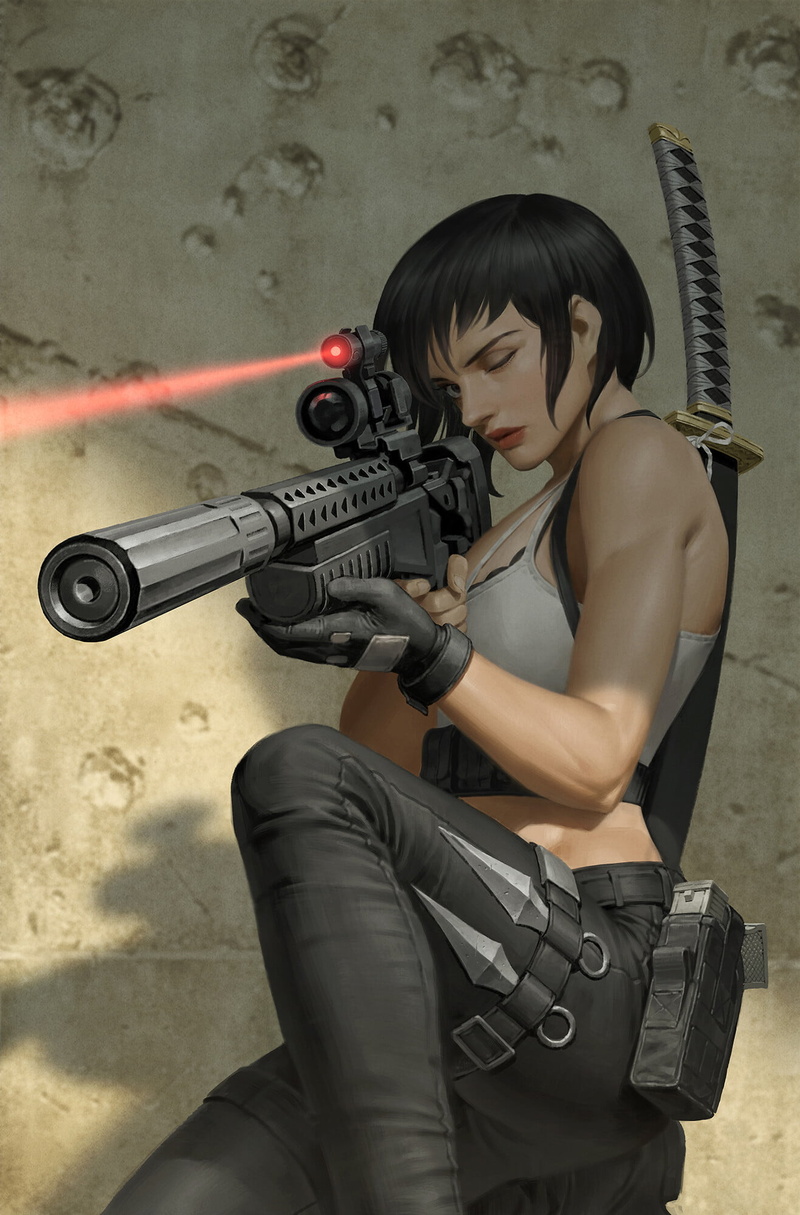 girls with guns, weapon, Junggeun Yoon, women, 1080P, dark hair, aiming, one eye closed, girls with swords, sniper rifle, short hair, rifles, artwork